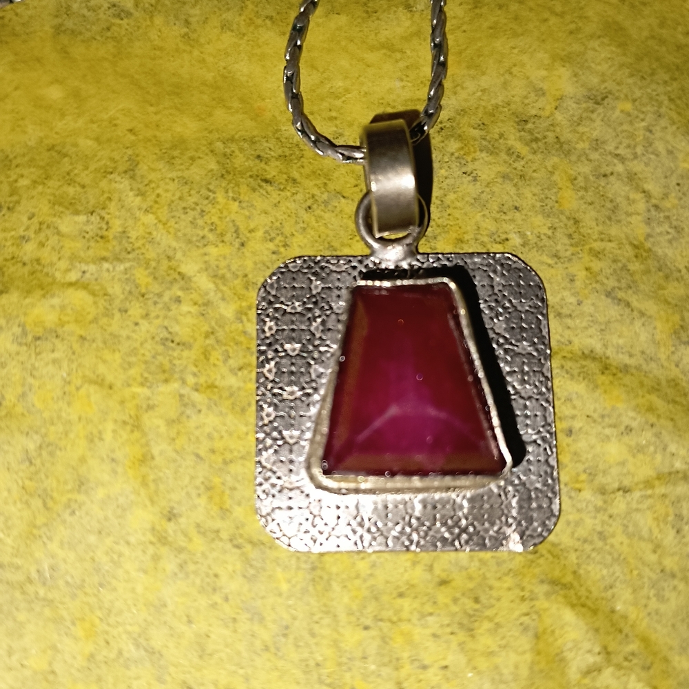 Vintage Rough Cut Ruby Stone Silver Pendant & Cha… - image 2